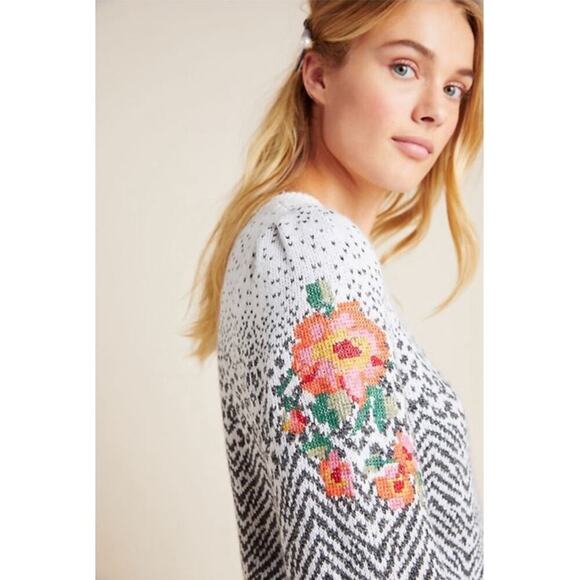 By Anthropologie Karolina Sweater Size LP Ivory Gray Floral Wool Jacquard Petite - Picture 3 of 16